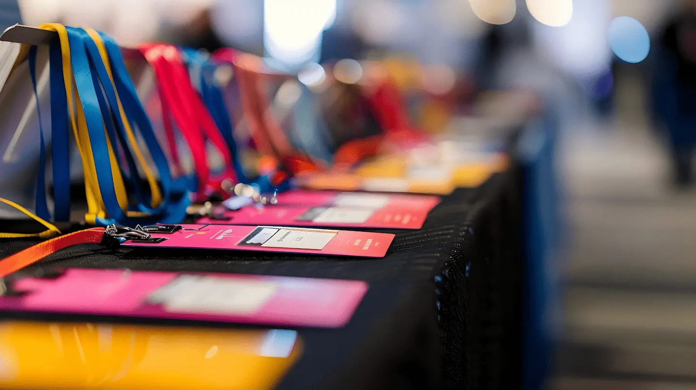 event-registration-desk-name-tags-colorful-lanyards-blurred-background Pack promocional para ferias y eventos